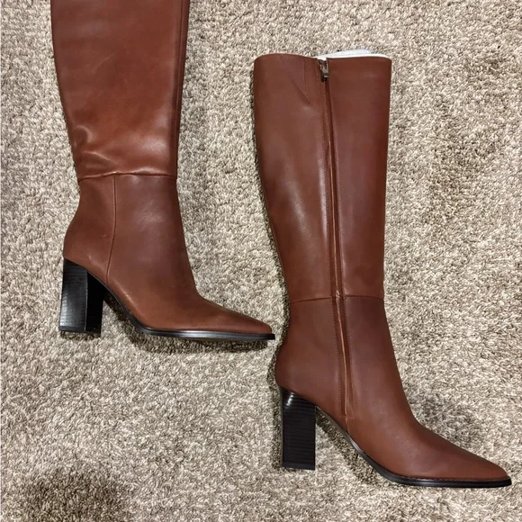 Nine West Medina Natural Brown Tall Boots Block Heel Side Zip Size 9 E213 - Picture 2 of 7